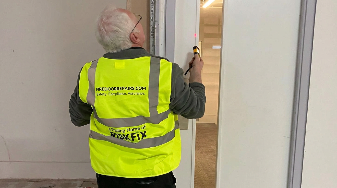 Fire door maintenance record being completed in a Suffolk care home
