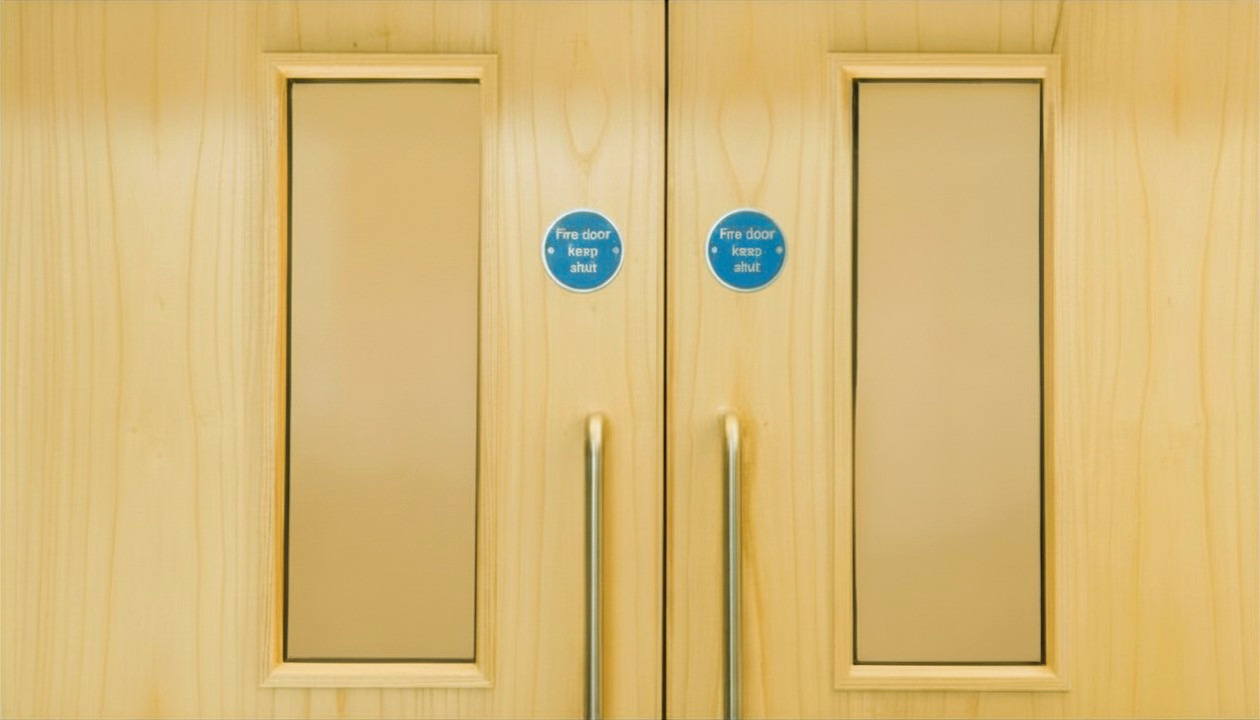 Certified fire doors with blue keep-shut signage installed in a Suffolk building